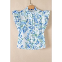 Sky Blue Floral Print Ruffle Sleeve Frilly Button Up Shirt - L thumbnail