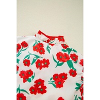 Red Floral Print Ruffled Puff Sleeve Elegant Summer Shirt - S thumbnail