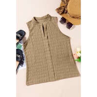 Light French Beige Lattice Textured Split Neck Tank Top - L thumbnail