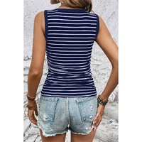 Blue Stripe Contrast Round Neck Sleeveless Slim Top - L thumbnail