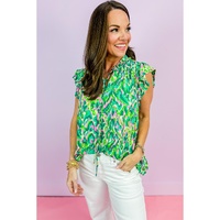 Green Abstract Print Ruffled Trim Tied Split Neck Tank Top - L thumbnail