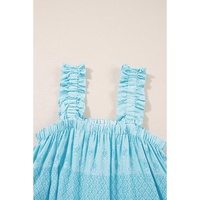Sky Blue Tribal Pattern Print Ruffled Wide Straps Loose Tank Top - L thumbnail