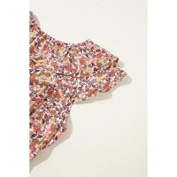 Red Floral Print Knot V Neck Ruffled Sleeve Blouse - XL thumbnail