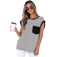 Black Stripe Chest Pocket Patch Round Neck Tank Top - L thumbnail