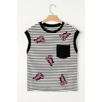 Black Stripe Sequined Lobster Patched Pocket Casual Tank Top - L thumbnail
