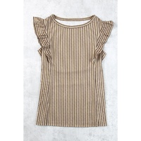 Khaki Striped Crew Neck Ruffled Tank Top - XL thumbnail