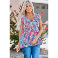 Boho Pattern Print Flounce V Neck Tank Top - L thumbnail