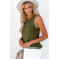 Green Tasseled Crochet Hollow-out Knit Tank - M thumbnail