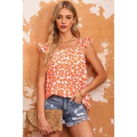 Azura Exchange Orange Floral Print Square Neck Ruffle Tank Top - L thumbnail