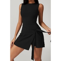 Black Sleeveless Knot Skirt Hem Sports Romper - L thumbnail
