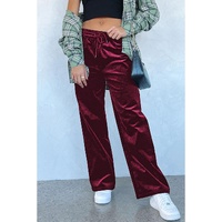 Burgundy Solid Drawstring Waist Wide Leg Pants - S thumbnail
