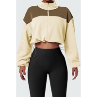 Beige Color Block Drawstring Cropped Athleisure Jacket - S thumbnail