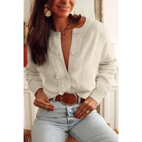 Apricot Lace Trim Ribbed Round Neck Button Up Cardigan - L thumbnail