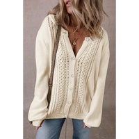 Apricot Pleated Sleeve Hollow Detail Button Sweater Cardigan - L thumbnail