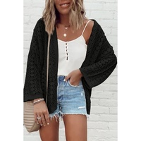 Black Hollow Out Knit Drop Shoulder Open Front Cardigan - L thumbnail