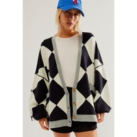 Black Colorblock Drop Shoulder Buttoned Loose Cardigan - L thumbnail