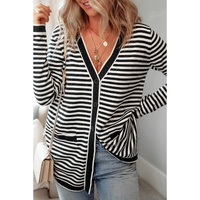 Black Stripe Long Sleeve Button up Tunic Cardigan - L thumbnail