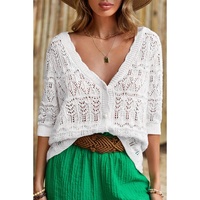 White Frenchy Hollow Out Knitted V Neck Cardigan - M thumbnail