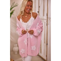 Pink Floral Print Knitted Open Front Loose Cardigan - S thumbnail