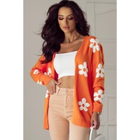 Orange Floral Print Knitted Open Front Loose Cardigan - L thumbnail