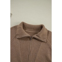 Brown Western Printed Ribbed Trim Collared Zip up Cardigan - L thumbnail