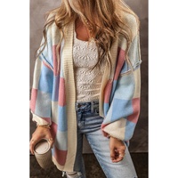 Light Blue Checkered Drop Shoulder Exposed Seam Open Front Cardigan - XL thumbnail