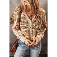 Khaki Buttoned V Neck Cropped Cardigan - 2XL thumbnail