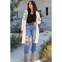 Beige Flower Embroidered Drop Shoulder Open Front Duster Cardigan - L thumbnail