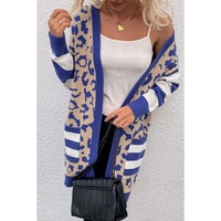 Dark Blue Stripe Sleeve Leopard Print Open Front Cardigan With Pockets - S thumbnail