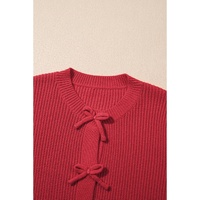 Fiery Red Ribbed Knit Bow Front Buttoned Cardigan - L thumbnail