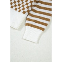 Brown Checkered Striped Patched Buttoned V Neck Cardigan - L thumbnail