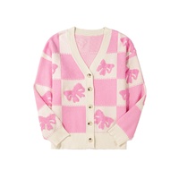 Pink Bowknot Checkered Pattern V Neck Drop Shoulder Button Up Cardigan - L thumbnail
