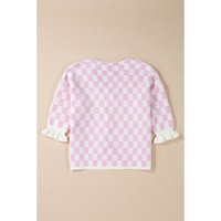 Light Pink Checkered Knitted Lace-up Ruffled 3/4 Sleeve Cardigan - XL thumbnail