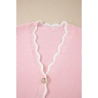 Pink Ribbed Knit Scalloped Edge Side Pockets Buttoned Cardigan - L thumbnail