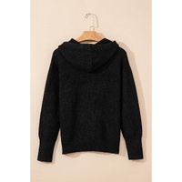 Black Drawstring Hooded Button Up Drop Shoulder Sweater Cardigan - S thumbnail