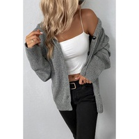 Medium Grey Drawstring Hooded Button Up Drop Shoulder Sweater Cardigan - S thumbnail
