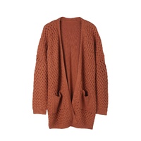 Brown Open Front Woven Texture Knitted Cardigan with Pockets - L thumbnail