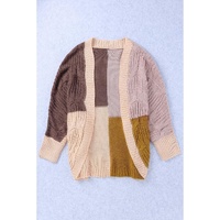 Brown Color Block Loose Open Front Knitted Cardigan - L thumbnail