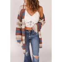 Blue Striped Color Block Hollowed Knit Cardigan - L thumbnail
