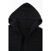 Black Horizontal Rib Knitted Open Front Hooded Cardigan - L thumbnail