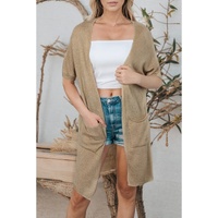 Khaki Dolman Half Sleeve Pocketed Long Cardigan - S thumbnail