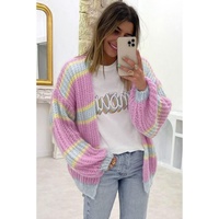 Pink Contrast Striped Open Front Cable Cardigan - M thumbnail