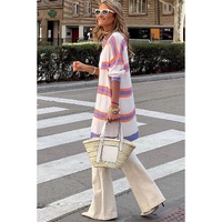 Azura Exchange Beige Striped Long Sleeve Ribbed Trim Button Cardigan - L thumbnail