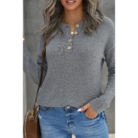 Gray Henley Pullover Drop Shoulder Sweater with Slits - S thumbnail