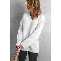 White V neck Drop Shoulder Knitted Sweater - S thumbnail
