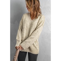 Khaki V neck Drop Shoulder Knitted Sweater - M thumbnail