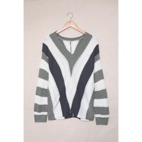 Gray Striped Colorblock V Neck Knitted Sweater - XS thumbnail