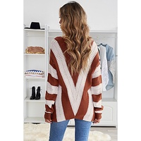 Brown Striped Colorblock V Neck Knitted Sweater - S thumbnail