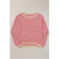 Fiery Red Contrast Trimmed Striped Drop Shoulder Sweater - 2XL thumbnail