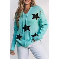 Green V Neck Star Pattern Hooded Sweater with Slits - S thumbnail